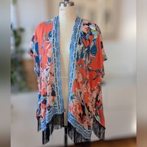 Orange Linen Floral Kimono with Fringe S/M